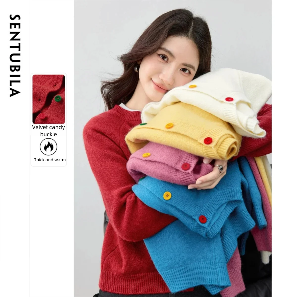 

SENTUBILA Cardigan Women's 2025 Autumn Candy Button Casual High Elastic Knitted Sweater Soft Elastic Velvet Top Coat W53HB2273