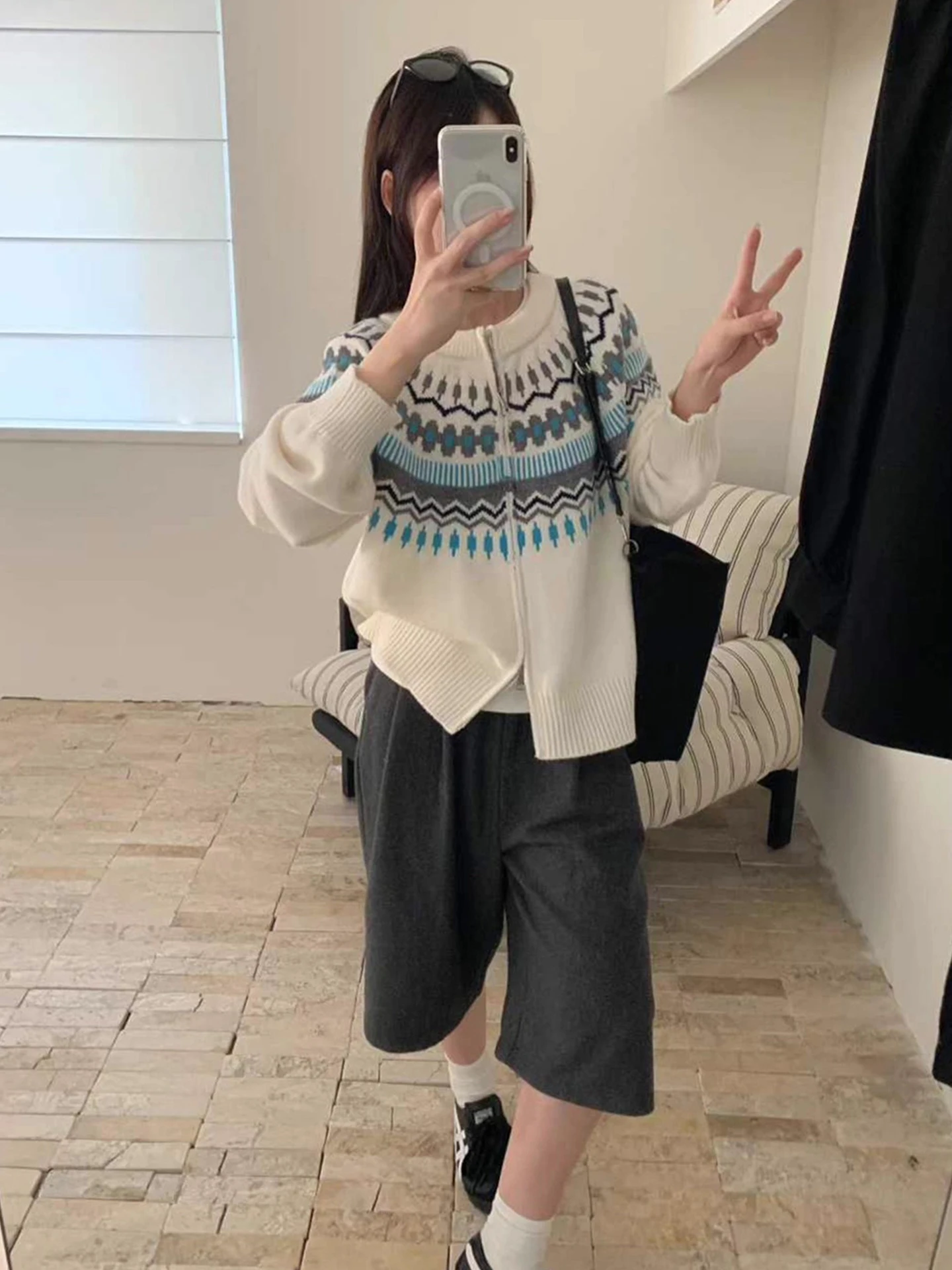 Nordic Sle Fair Isle Farbe Blo Stricken Pullover Mantel frauen Lose Weiche Winter Neue Ankunft Lange Sve runde Ne Zipper verschluss