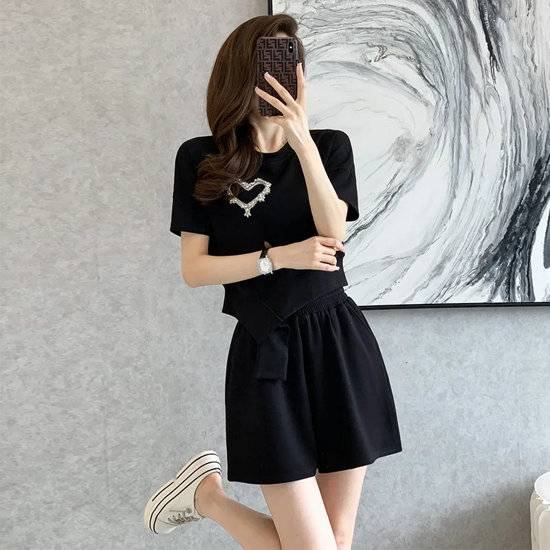 Summer Hot Sale Classic Black and White Solid Color Irregular Top Love Women's Casual Sports Short Sleeve Shorts Set