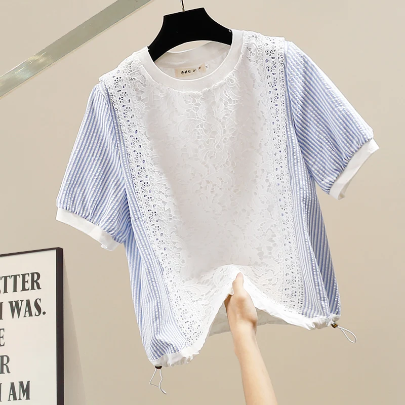 

Faionable Heavy-Du Lace Trim Splice Dstring irt Loose Versatile Top Trendy Women's ort Sve round Ne Cotton Blend