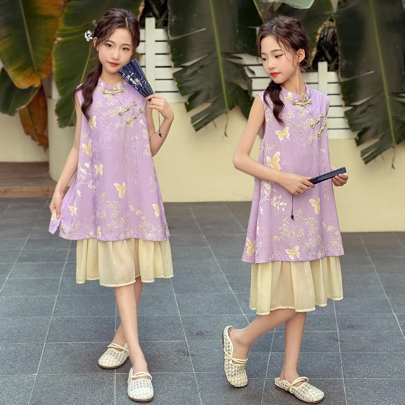 

Girls Qipao Dress Sleeveless Flowers Embroidery Summer Chinese Traditional Dresses for Toddler Tutu Princess Dress 2025 Summer
