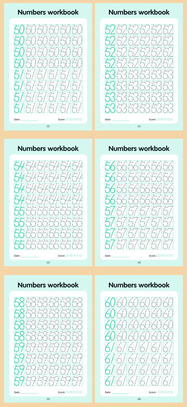 32-seitiges Übungsheft zum Nachzeichnen von Zahlen von 0-100 für Kinder im Alter von 3-5 Jahren, Vorschul-Mathe-Lernen – Detail 5