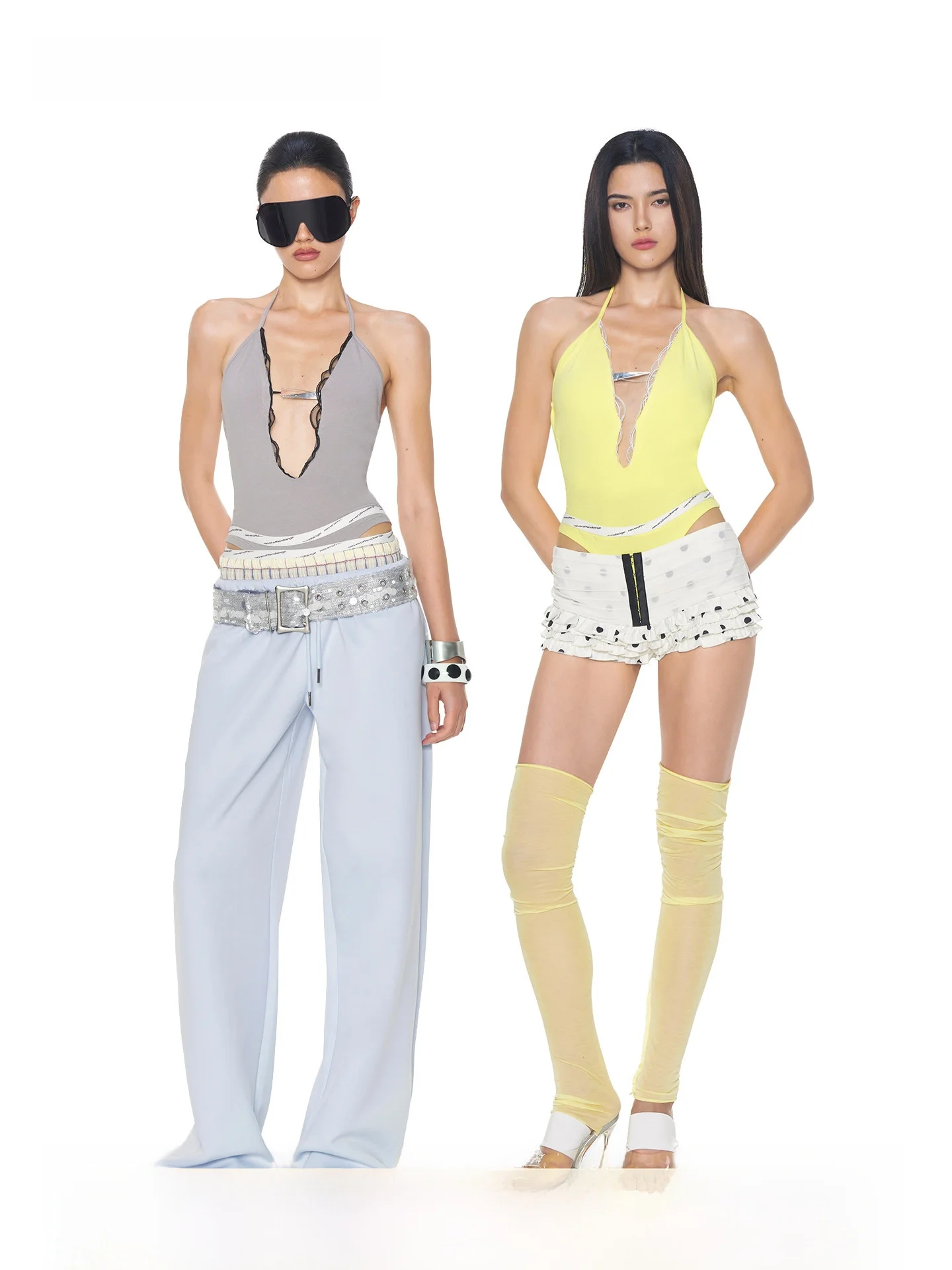 

Nola Deep V Cut out Backless Jumpsuit with Lace Trim Metal Buckle Elastic Waistband Strapless Swimsuit Original Design