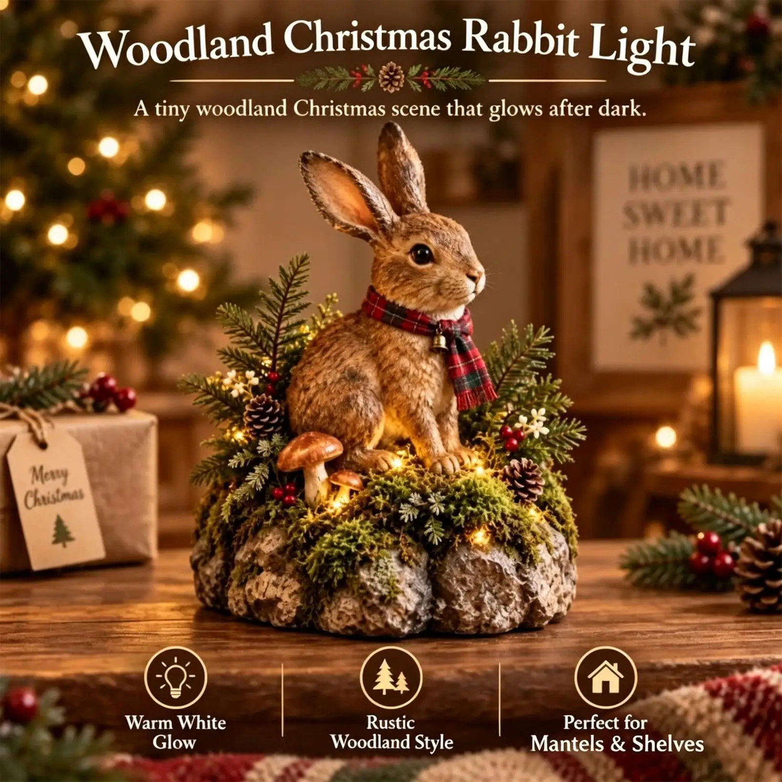 Bunny Figurines Glowing LED Lighted Holiday Bunny Sculpture Resin Art Sculpture Winter Decor for Home Living Room Fireplace