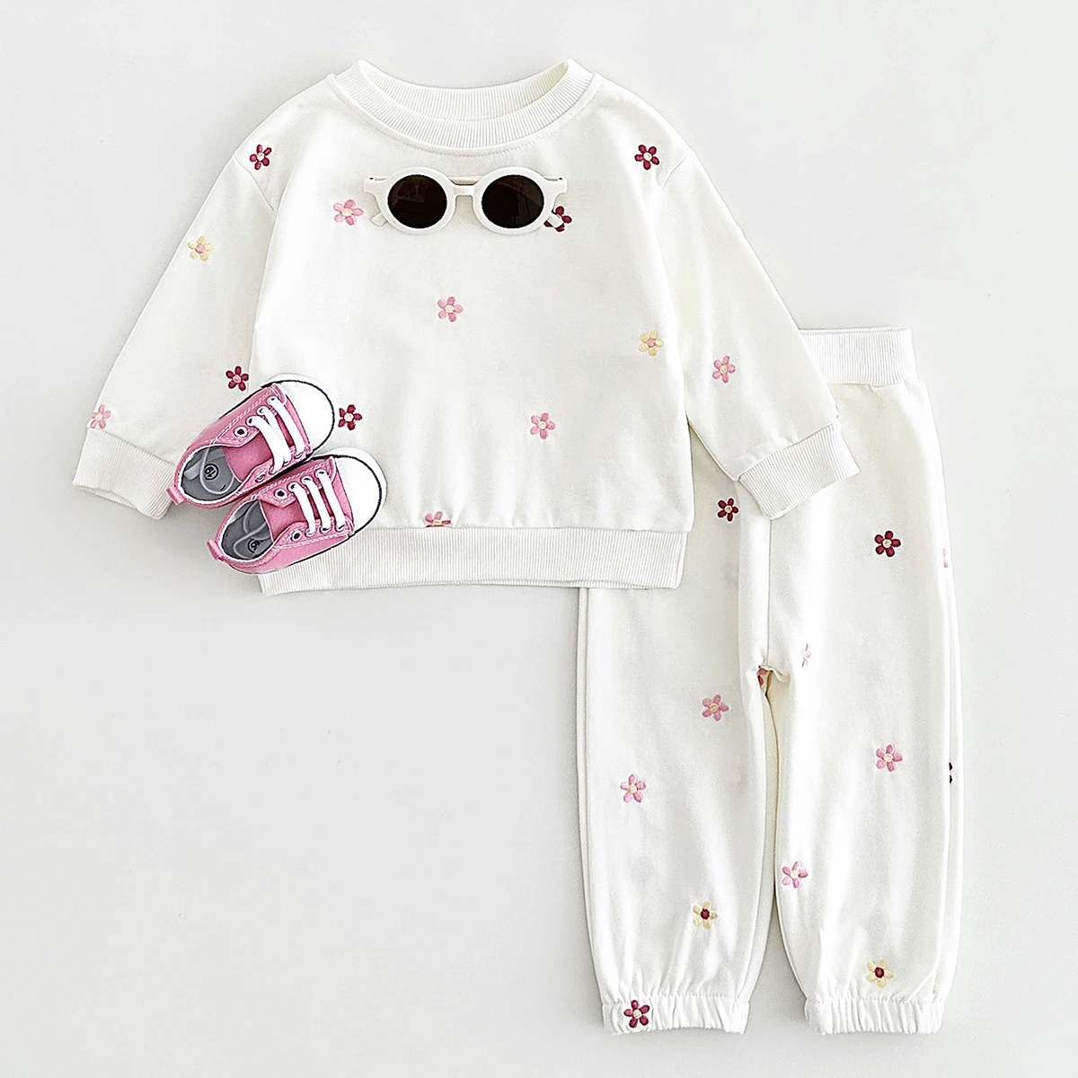 Baby Clothes Warm Autumn Set Winter Warm Pure Cotton Basic Clothes Flower Embroidery Split Two-Piece Set Baby Girls Homewear