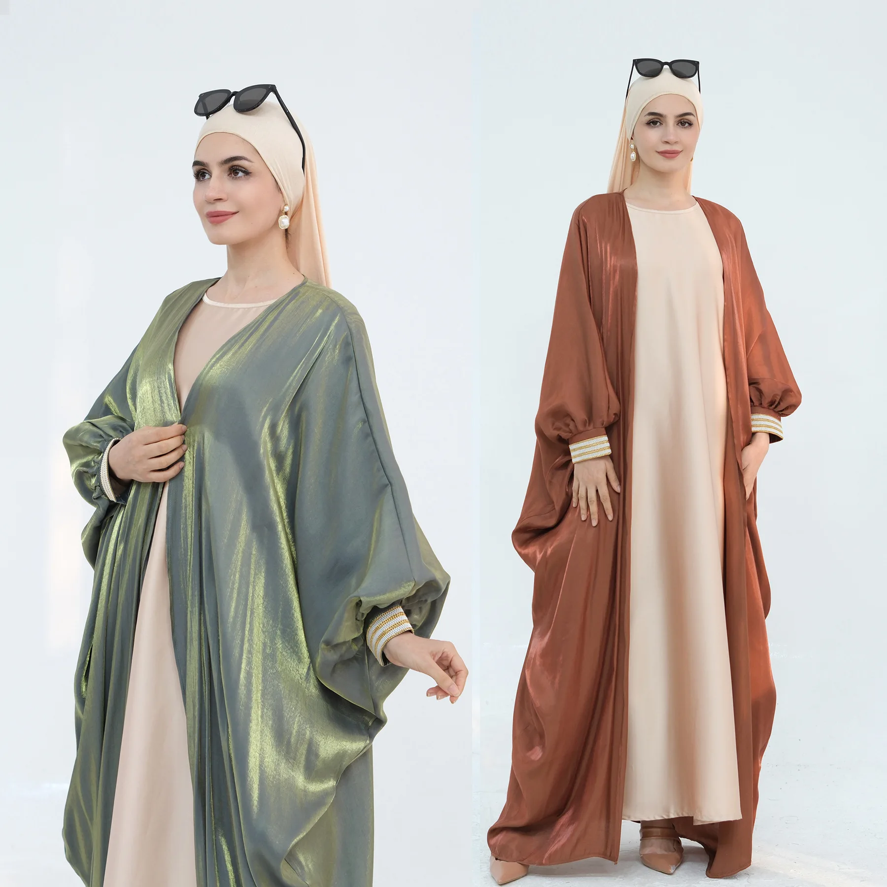 Mode Muslimische Frauen Shiny Kimono Strickjacke Dubai Öffnen Abaya Türkei Kaftan Eid Ramadan Kebaya Kaftan Marocain Femme Kleid Jalabiya