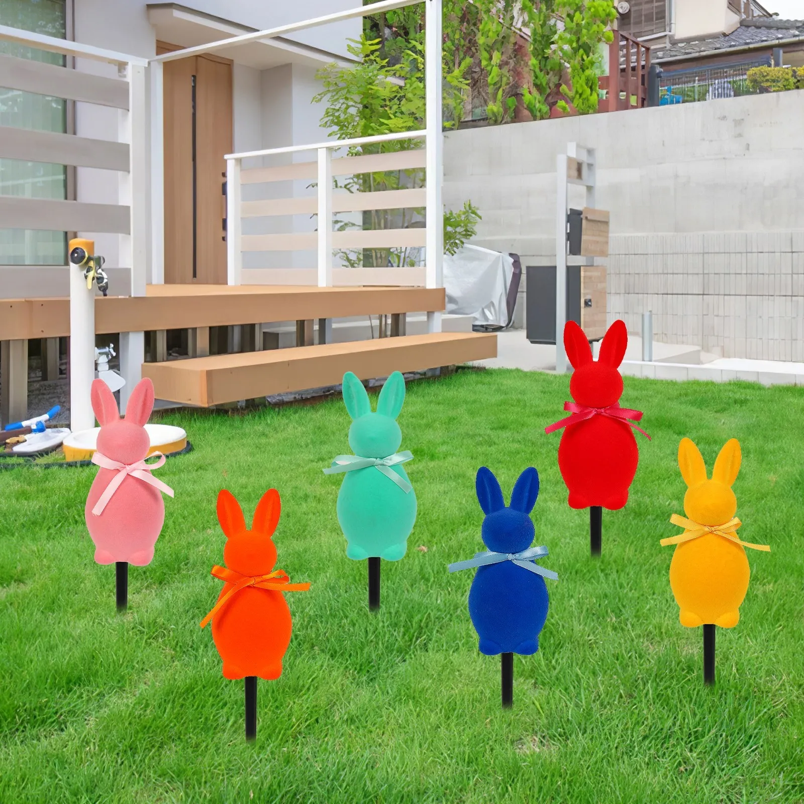 

6pc 20cm Easter Decoration With Bow Bunny Ornaments Dual-purpose Ornaments Outdoor Colorful Holiday Garden Yard Decorations