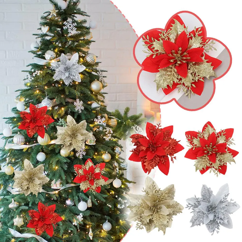 10 Uds. De flores de adorno navideño de 14cm con purpurina, flores artificiales de Navidad, adornos de árbol para el hogar, regalos de Año Nuevo, decoración de boda