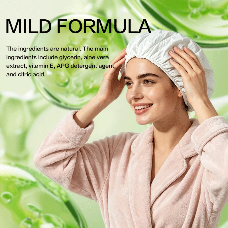 Disposable Waterless Shampoo Cap Aloe Vera Soothing Scalp Fresh Dry No Wash Hair Care Cap Microwaveable Camping Hospital Care view 3