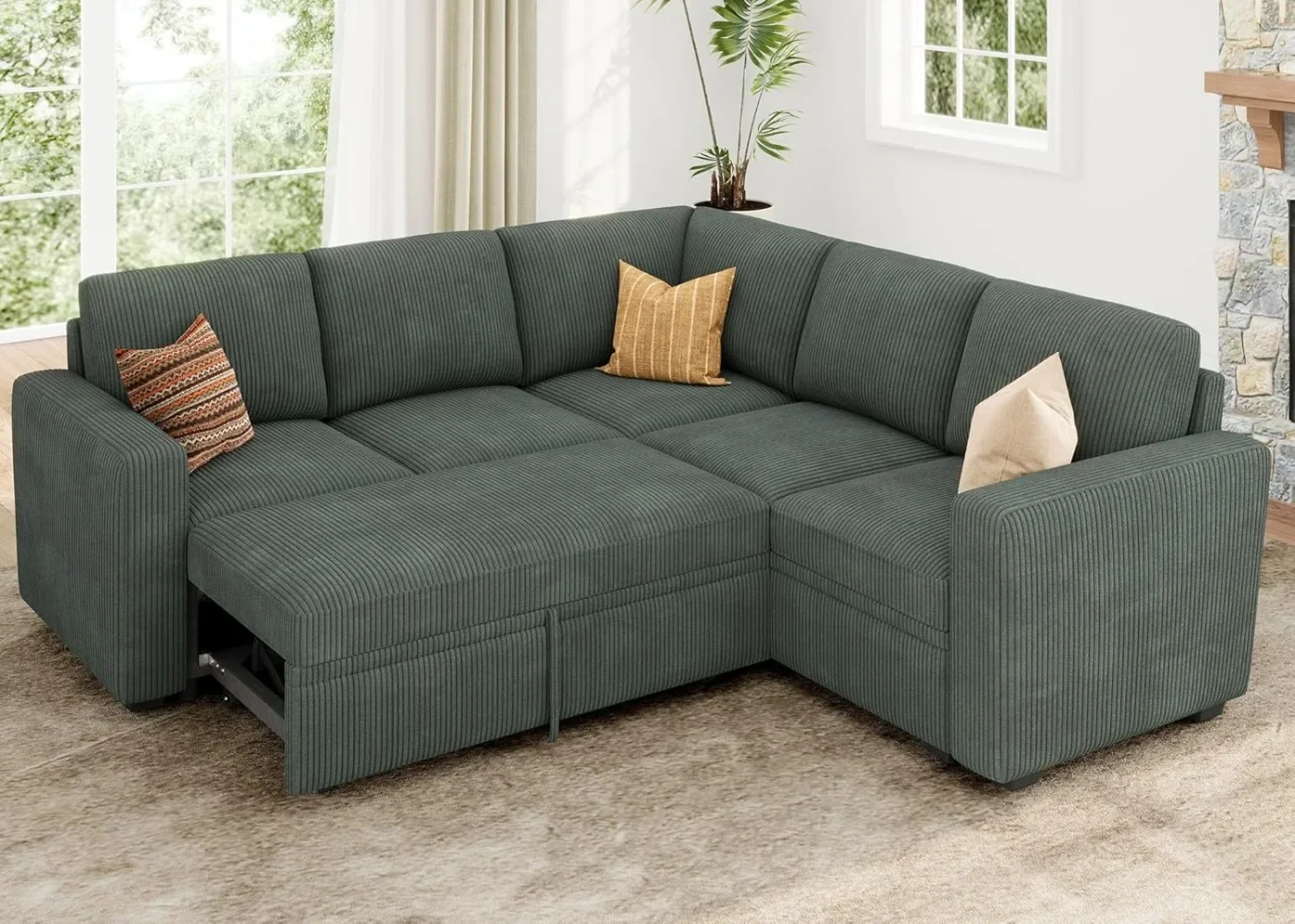 Modular Sectional Sleeper Sofa with Pull Out Bed, Corduroy L Shaped Couch with Storage Seats, Convertible Sectional Couches