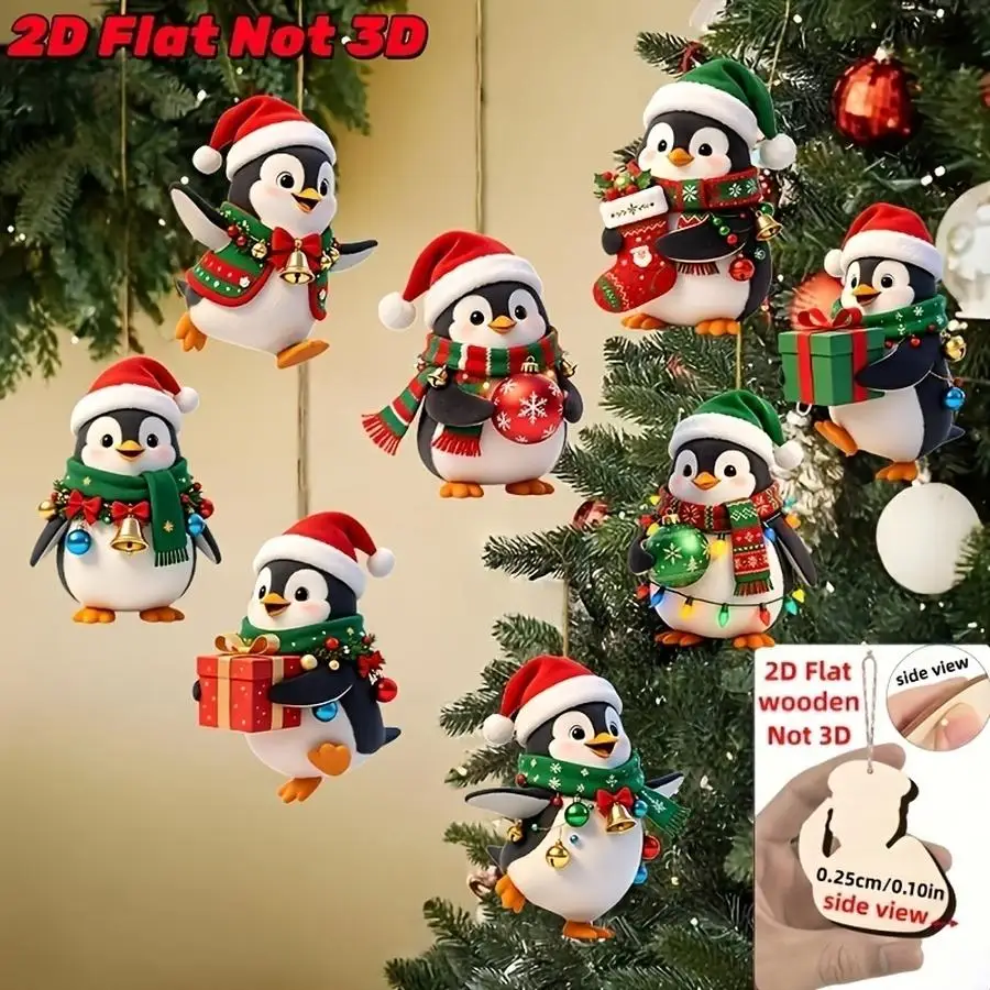 1/5/10/20/50/100pcs 2D Flat - Set of 8 Small Wooden Christmas Penguin Ornaments, Unique and Beautiful Christmas Outfits - 2D Fla