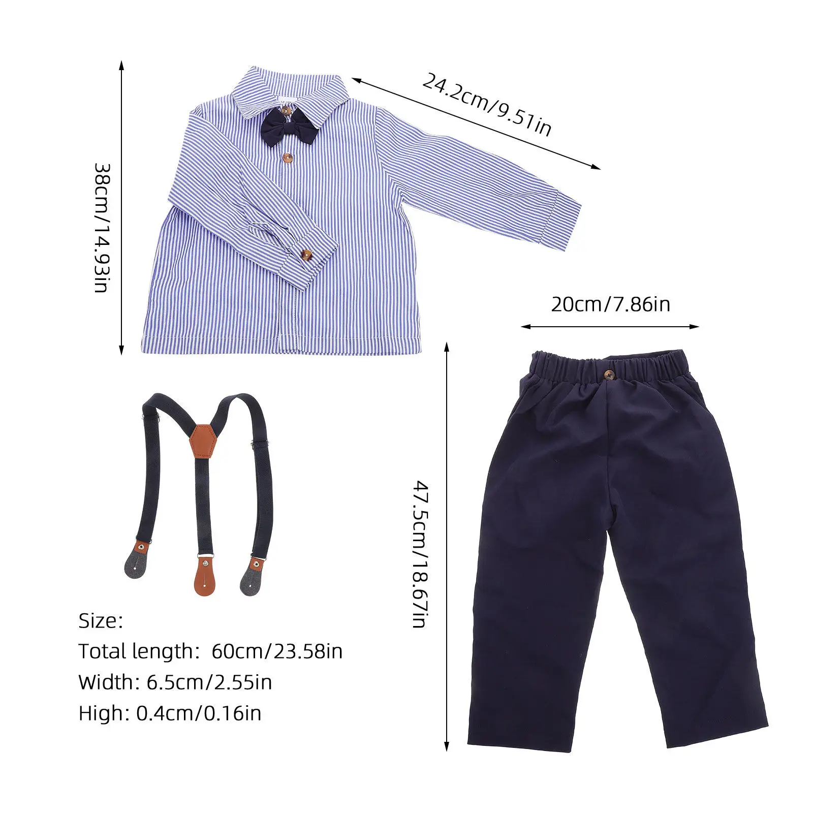 1Set Stylish British Style Toddler Boy Formal Outfit Long Sleeve Dress Shirt with Adorable Bow Tie and Solid Overalls for Spring