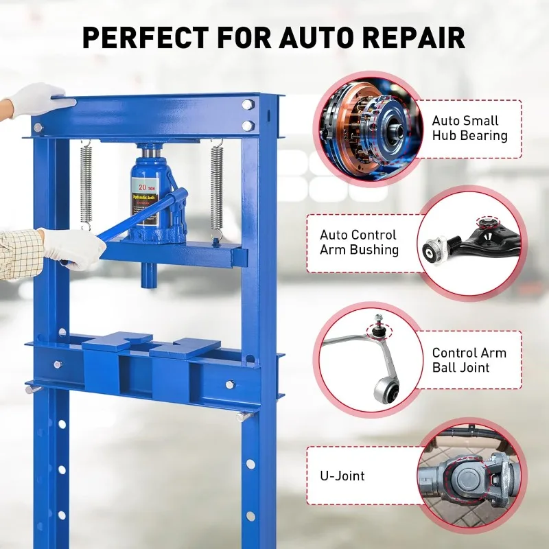 Pressa idraulica 20T, pressa idraulica per negozi da pavimento per garage con telaio a H da 20 tonnellate, pressa idraulica regolabile con piastre, blu