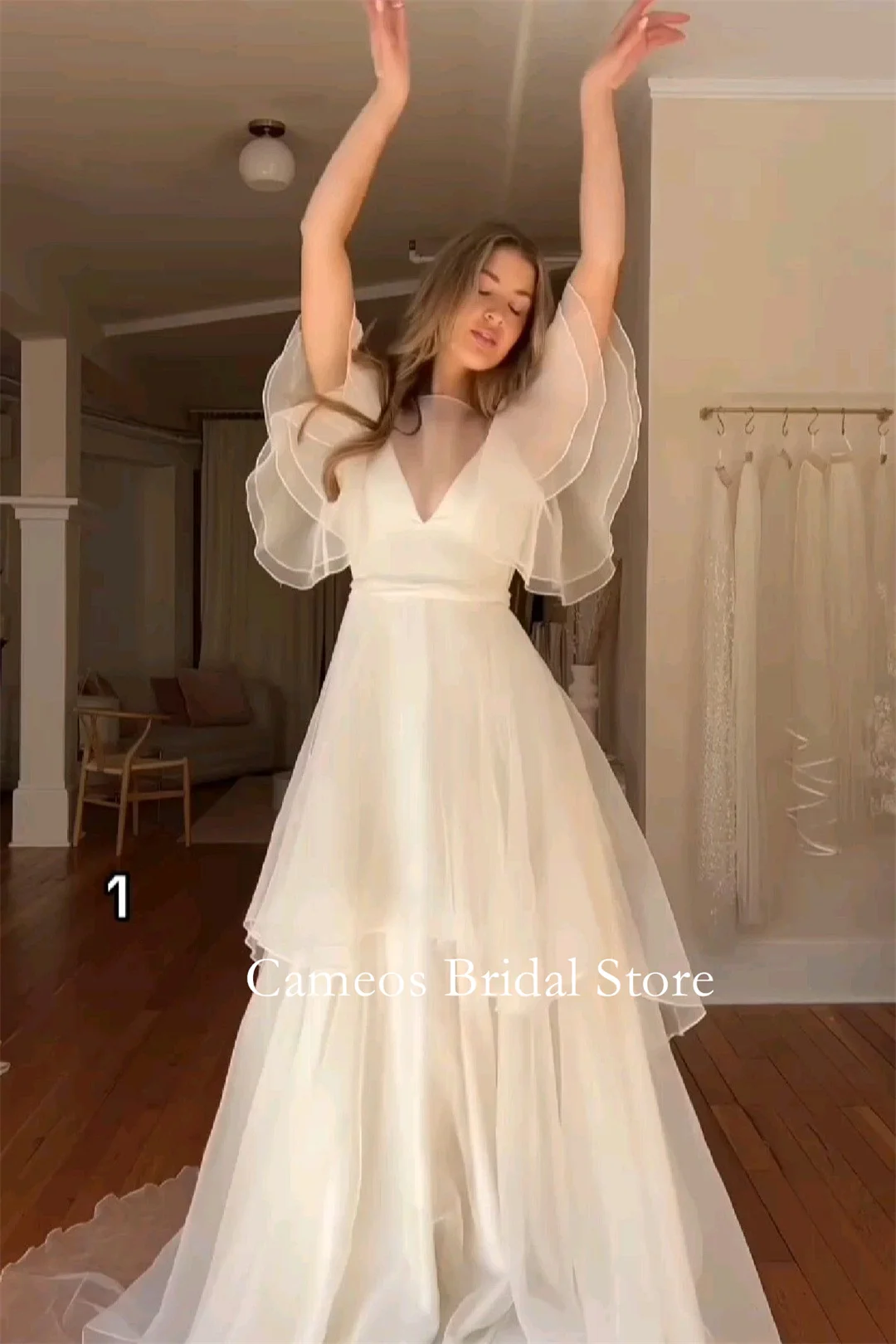 Cameos Fashion كوريا طبقات الأكمام الأورجانزا فساتين الزفاف الخامس الرقبة الطابق طول صورة تبادل لاطلاق النار مشد ثوب الزفاف مخصص