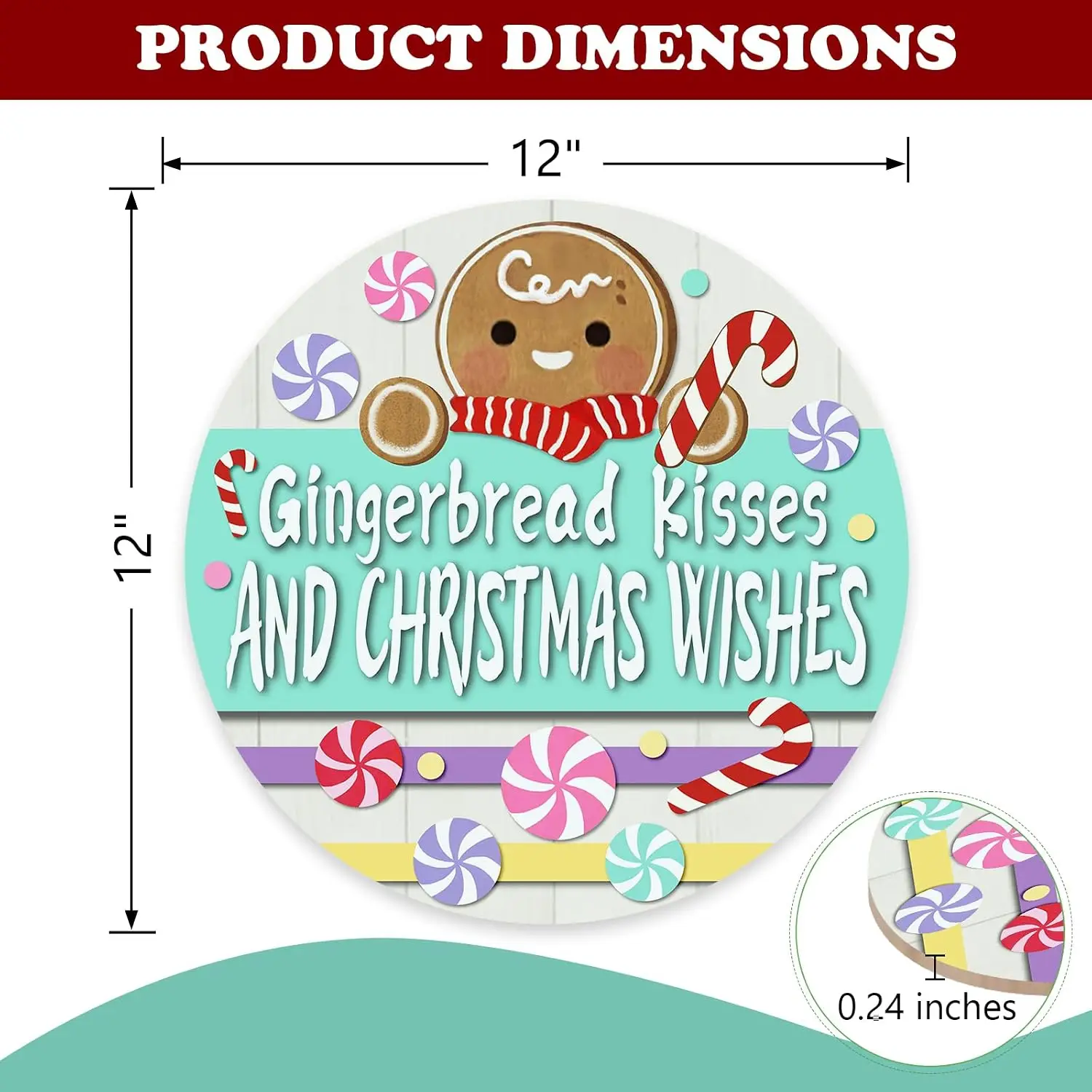 Gingerbread Kisses and Christmas Wishes Front Door Sign, Xmas Peppermint Candy Wood Hanger Outdoor Porch Home Decor