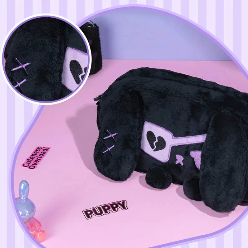 Cartoon Cute Patch Rabbit Shape Plush Storage Bag For Gaming Consoles 28x14cm Black Purple Large Capacity Miscellaneous Bag