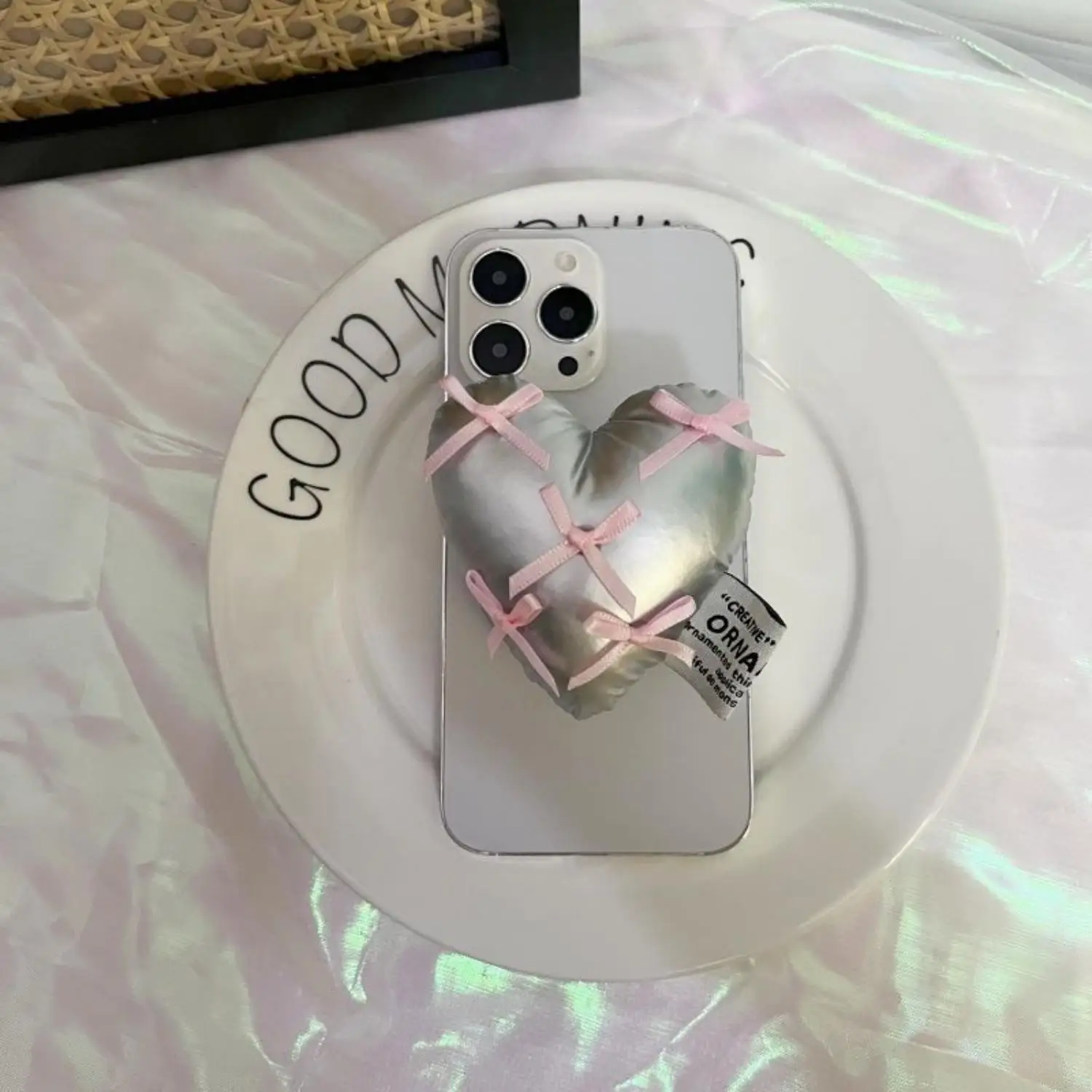 

Розовый бант, хлопковая подушка безопасности с серебристого сердца, держатель для телефона, задняя наклейка, складная вращающаяся наклейка на рабочий стол, ленивое зеркало, поддержка Ins