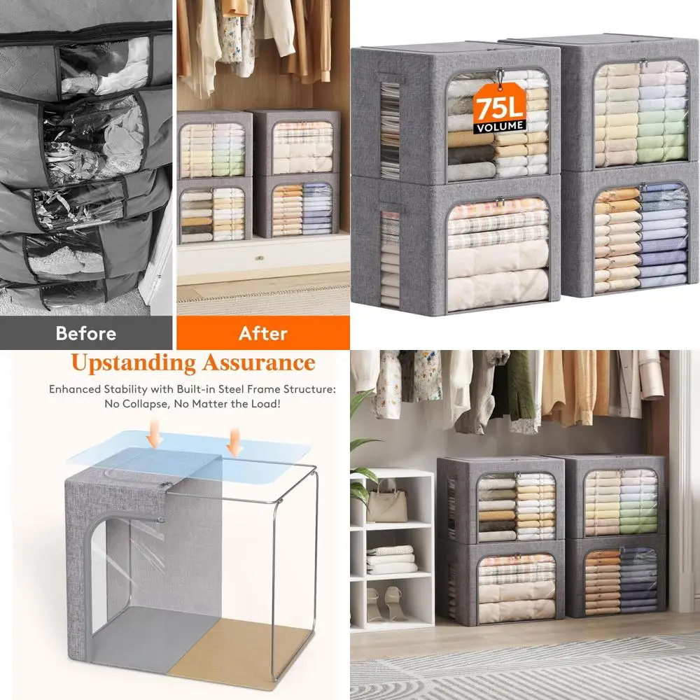 

Stackable Metal Frame Fabric Storage Bins with Lids, Clear Window & Zipper, 4-Pack Foldable Organizers