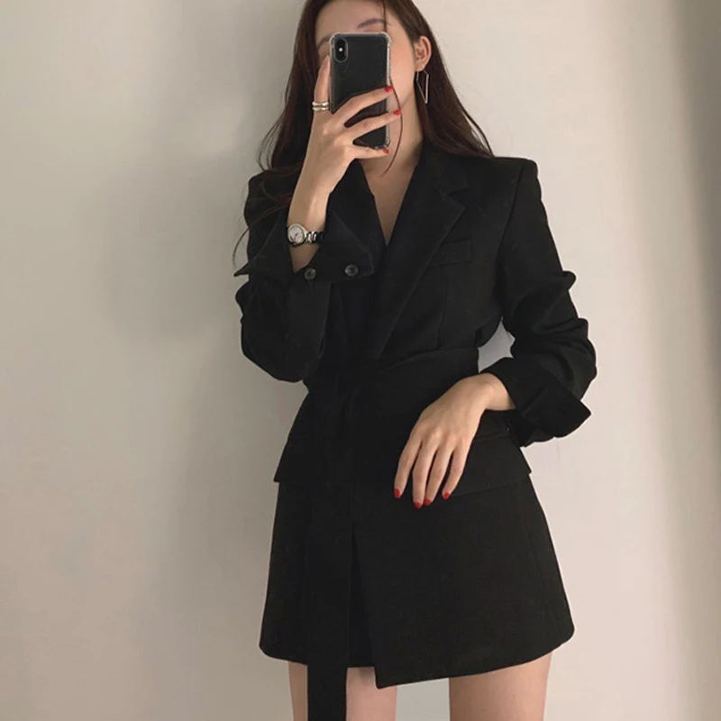 2023 Women Long Outwear Jacket Sashes Fall OL Korean New Fashion Solid Blazers British Style Elegant Black Beige Blazer Coat