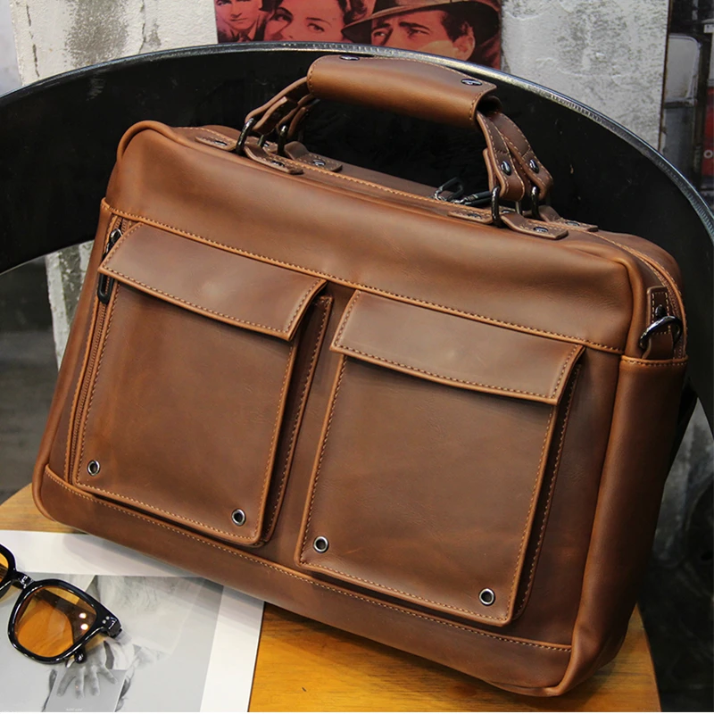 2024 Brown Vintage Men\'s Handbag Business Documents Brief Case 13-14\