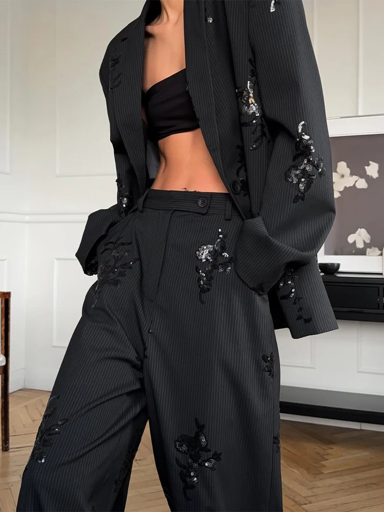 Women Fashion Sequinned Shirt Suit Elegant Lapel Long Sleeves Top Elastic Waist Pants 2pcs Set 2026 New Lady Street Spring Suits