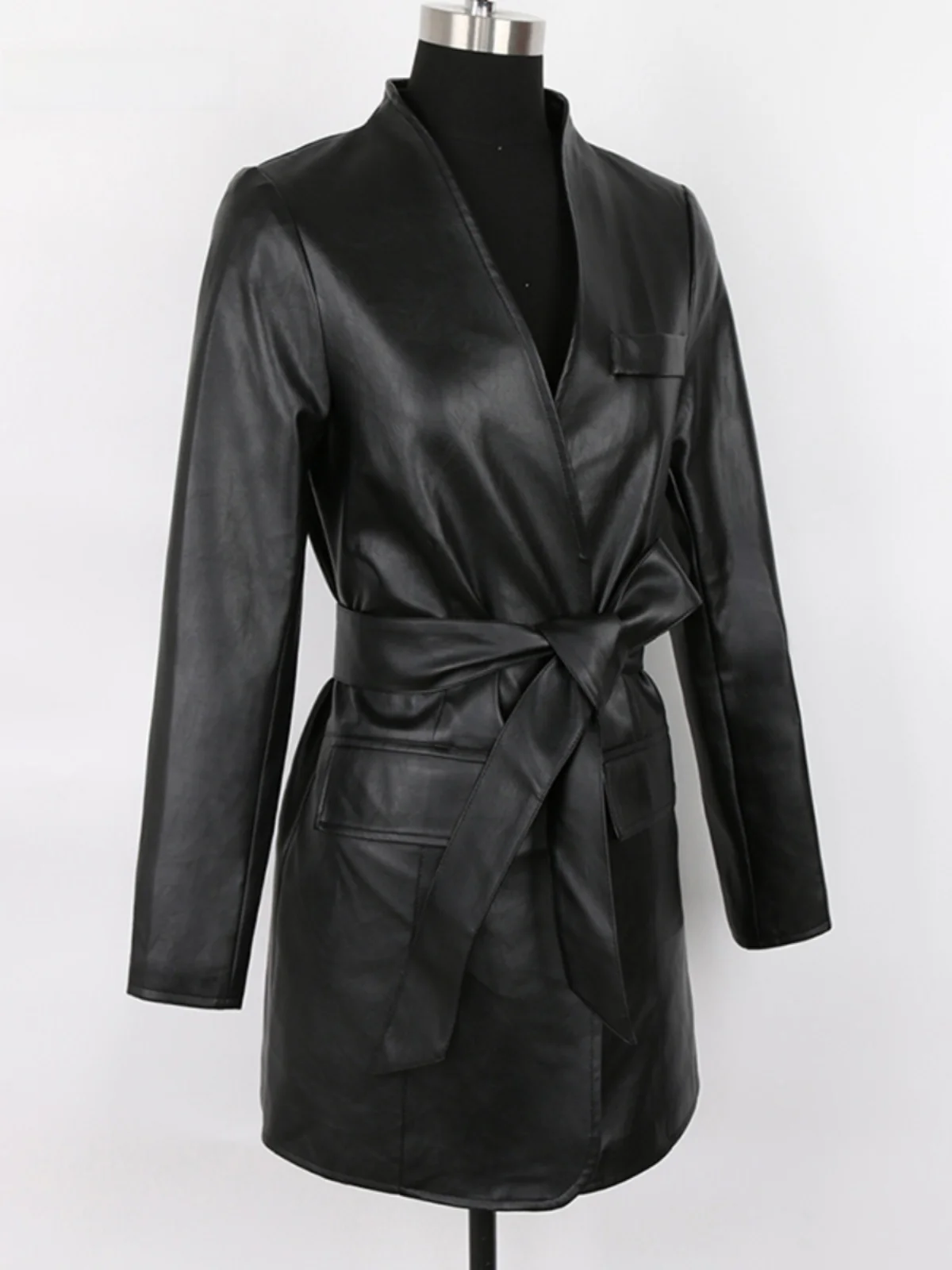 Nerazzurri Black PU Leather Jacket Women's Deep V-neck Waist-cinching Belted Soft Leather Coat Long Sleeve Winter Fashion
