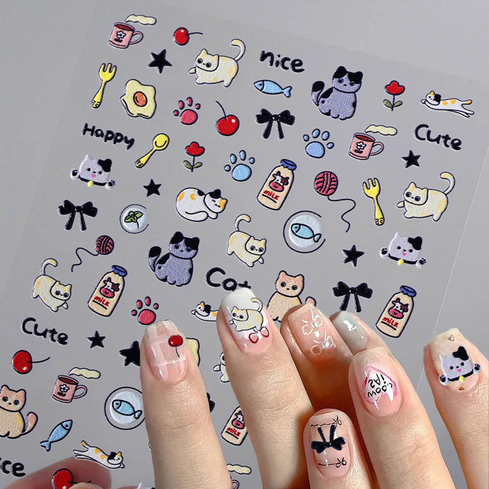 

5D Cute Cartoon Kitten Nail Stickers Stereo Adhesive Cat Puppy Dog Bow Milk Nail Decals Y2K Korean Manicure Nail Art Deco Slider