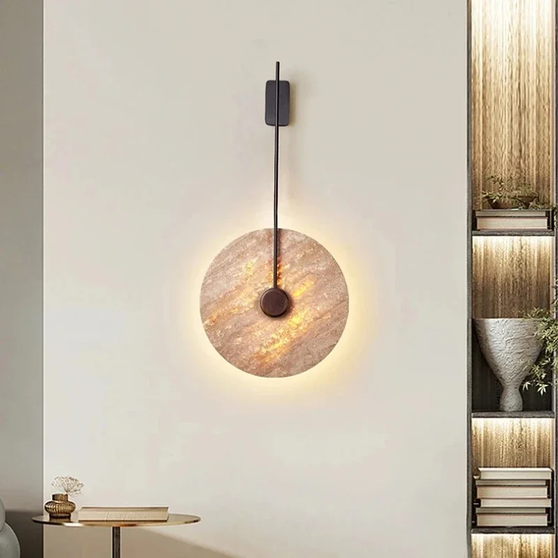 

Желтый травертиновый круглый настенный светильник в средневековом стиле Ваби-Саби для гостиной, лестницы, спальни, прикроватной зоны, фойе, ретро-атмосферный светильник