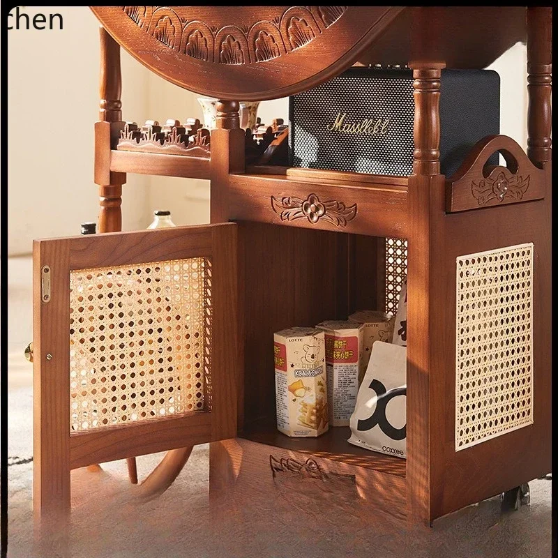 y8-  Solid Wood Wine Rack Cart Retro Movable Trolley Coffee Table Folding Desktop Household Small Tea Cart