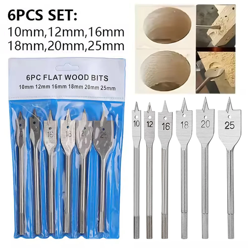 

6pc Natural Color Three Pointed Flat Drill Hexagonal Handle Woodworking Hole Opener Wooden Board Drilling Bit Tool Set