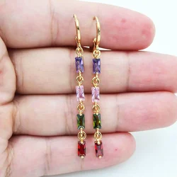 Gold Color Women Rainbow Zircon CZ Slim Linear Dangle Earrings Jewelry