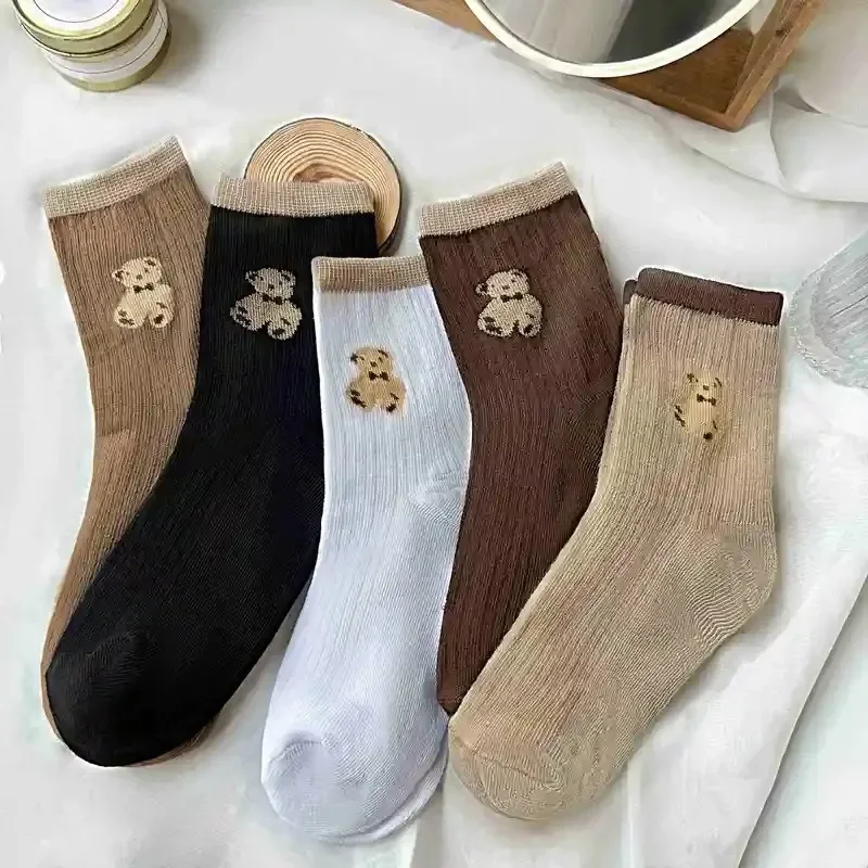 

10 Pairs of Teddy Bear Embroidered Mid Tube Socks, Cute, Fashionable and Versatile, Breathable Autumn and Winter Sports Socks