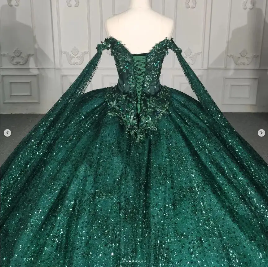 Caçador verde sparkly princesa quinceanera vestidos com manga longa cabo frisado floral gillter renda esmer vestido verde