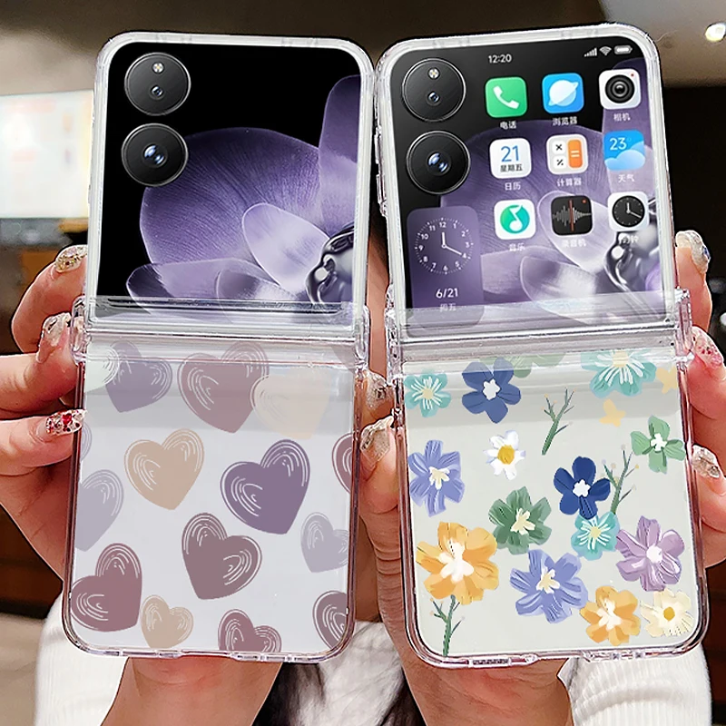 Love Heart Pattern Clear Phone Case For Xiaomi Mix Flip Flip2 Transparent Flower Shockproof Folding Hard Cover For Mi Mix Flip2