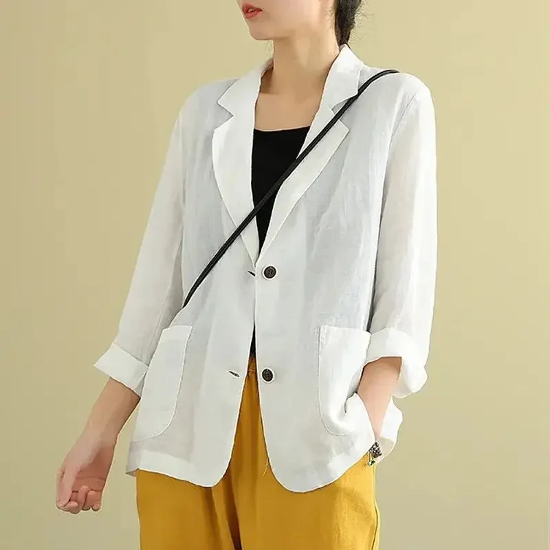 Summer New Cotton and Linen Small Suit Women Blazer 2024 Fashion Thin Coat Three-quarter Sleeve Casual Blazers Jacket Z944