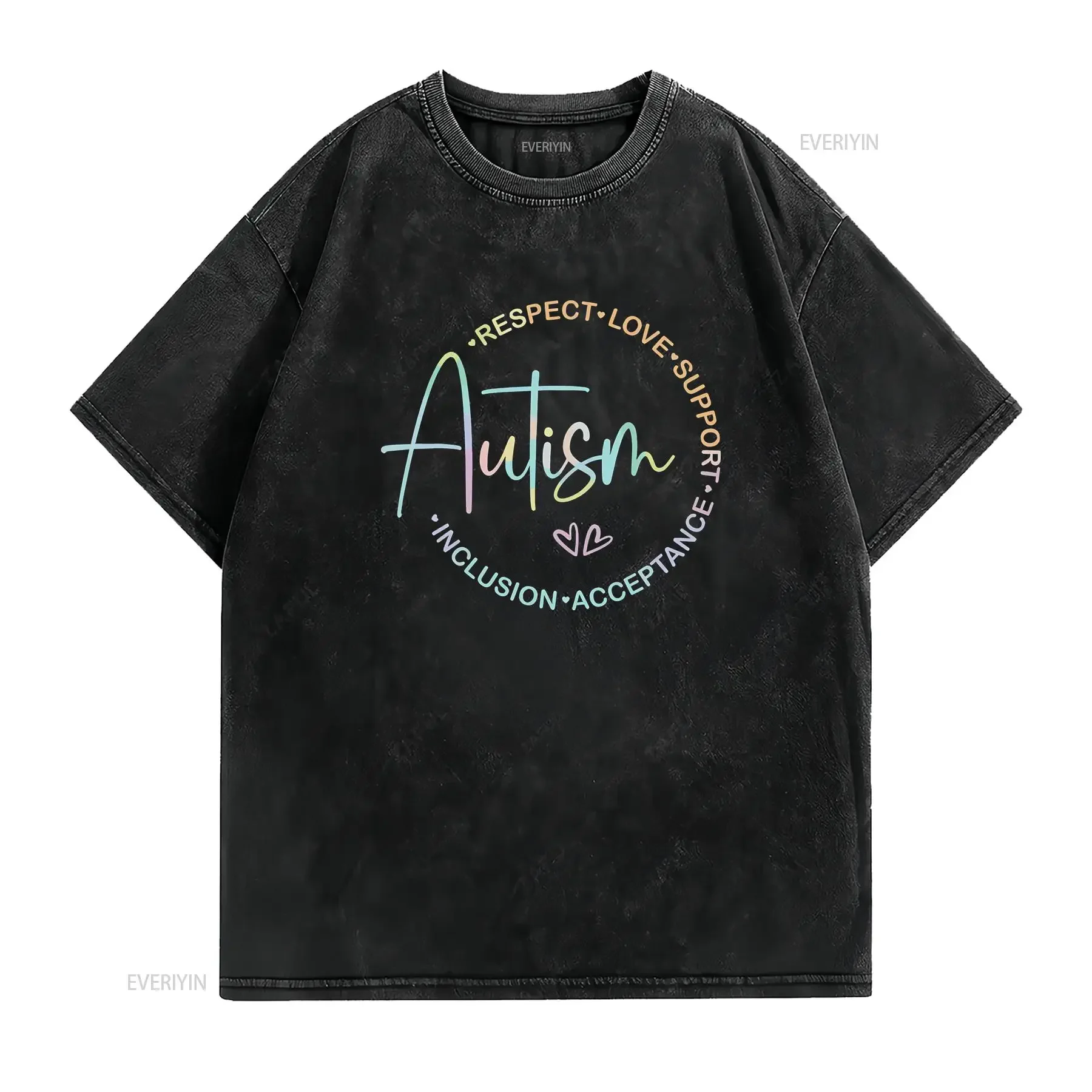 'Autism Respect Love Support Acceptance Inclusion' Print T shirt Casual Top vintage Washed homme Comfortable graphic