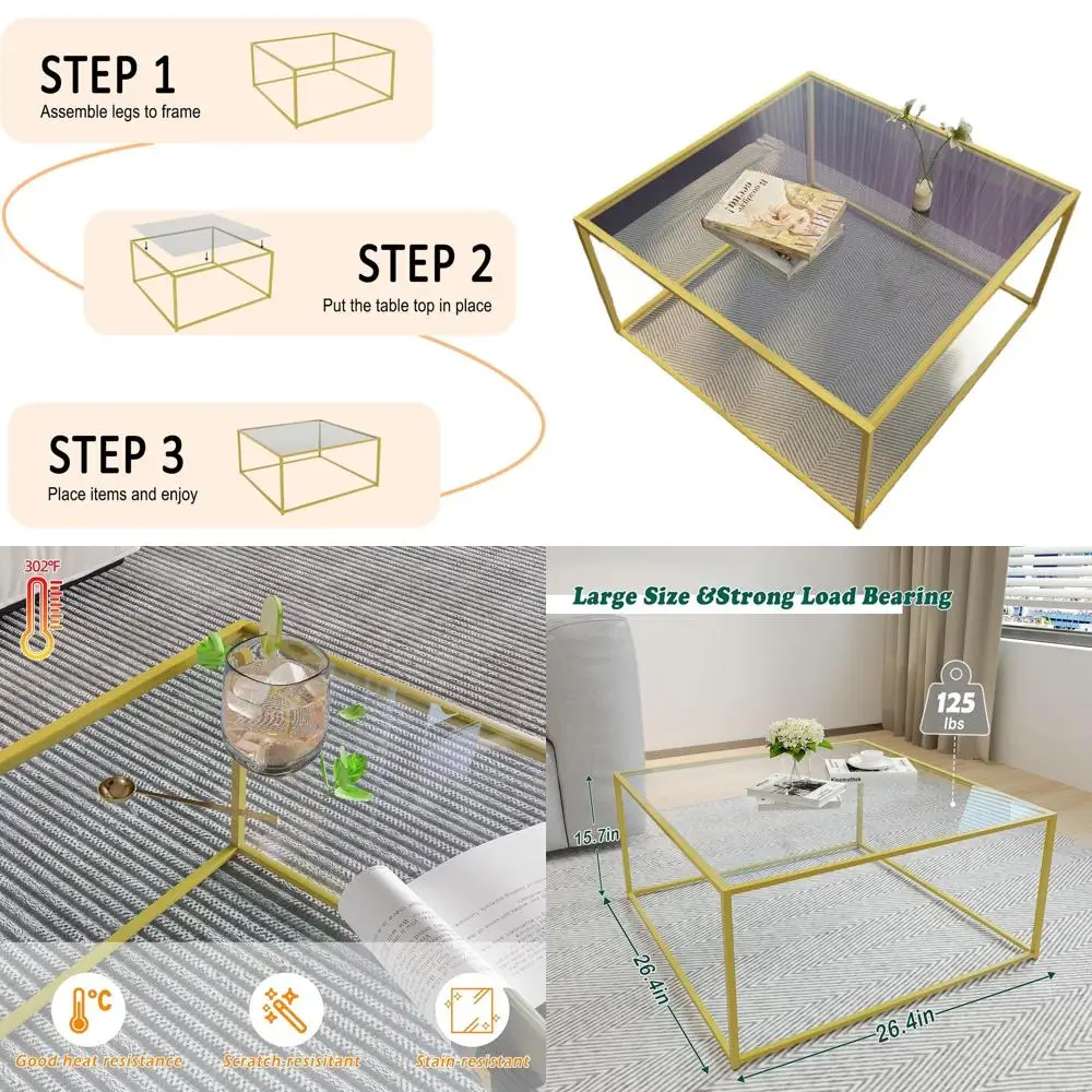 

Современный журнальный столик из закаленного стекла, минималистичный стиль для гостиной, прочная металлическая рама, простая сборка, 26,4 x 26,4 x 15,7, Gol
