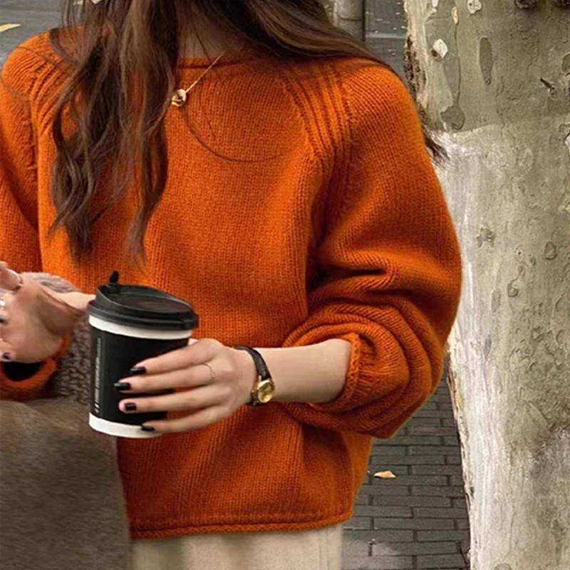 

Повседневный свободный пуловер с круглым вырезом, свитер на осень/зиму, женский однотонный вязаный базовый топ, джемпер с длинными рукавами, милая офисная одежда
