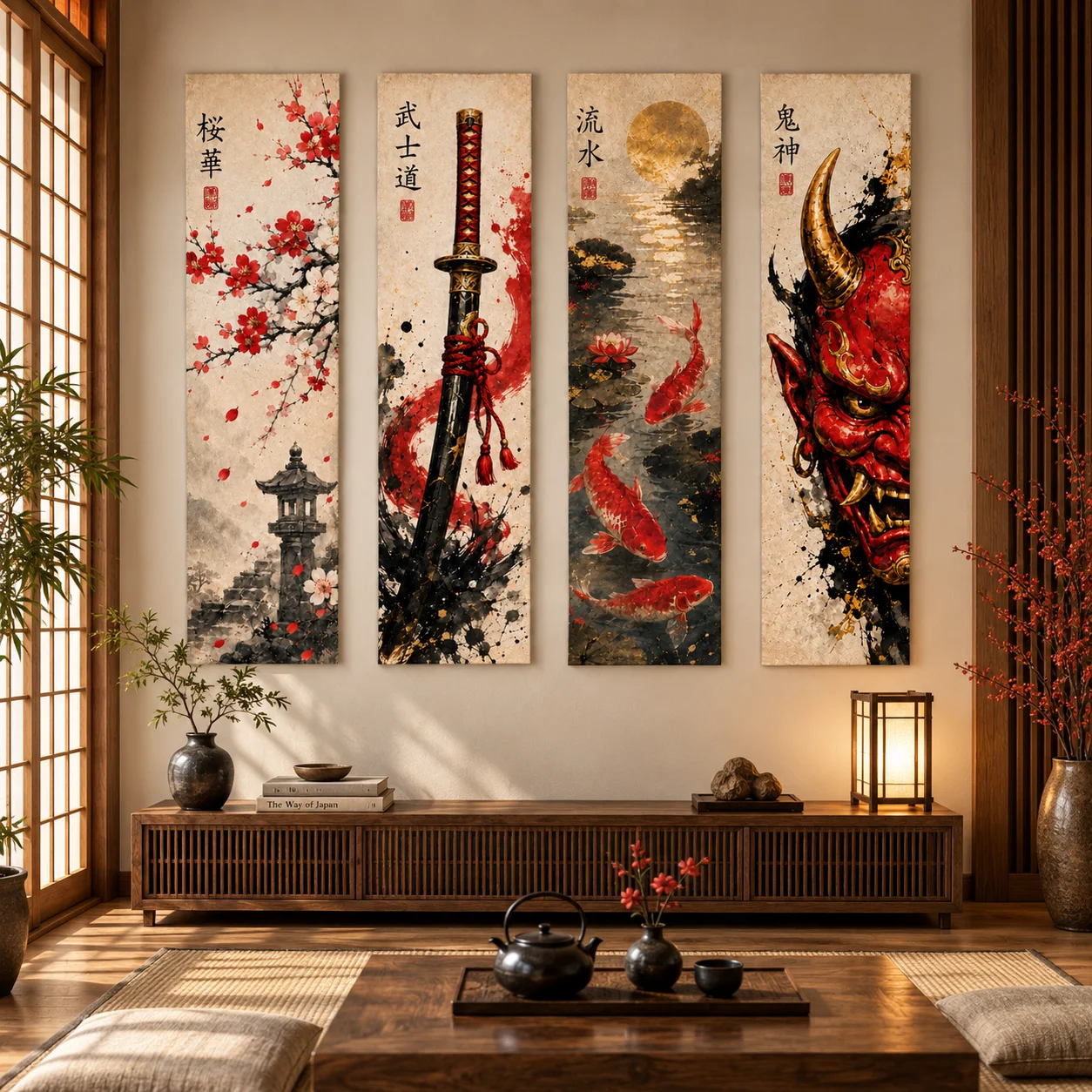 Japanese Wall Art  Vertical  Prints Samurai Katana Cherry Blossom Koi Fish Oni Demon Ink Painting Living Room Decor