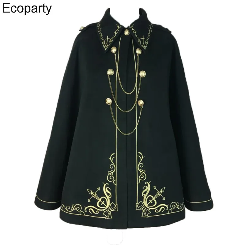 New Women\'s Gothic Lolita Cape Coat Black Lapel Gold Embroidery Tuxedo Cloak For Women Japanese Loli Style Punk Cape Outerwear