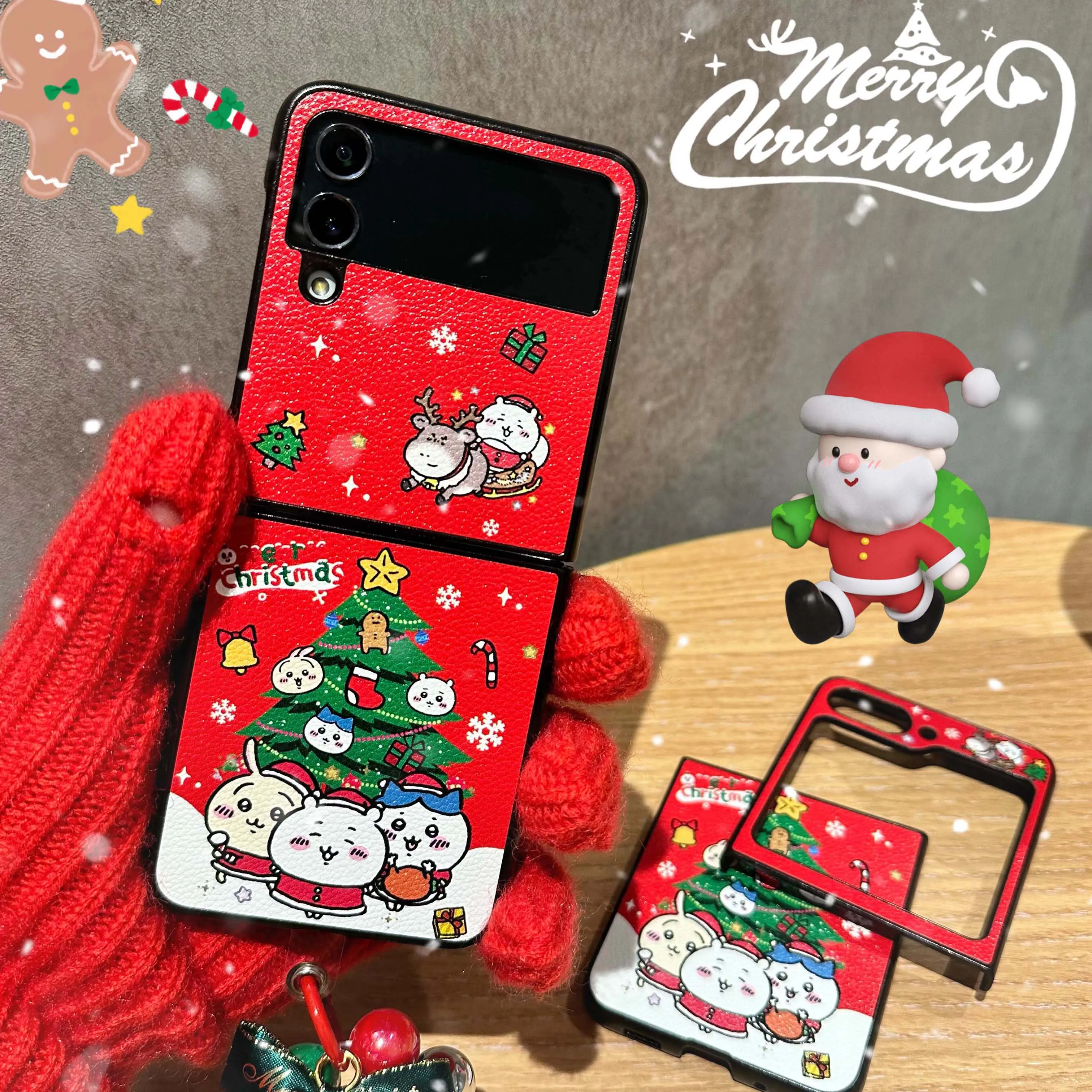 Cartoon happy merry Christmas cute animal leather relif bracelet phone case for samsung galaxy z flip 5 4 3 5G flip3 flip4 cover