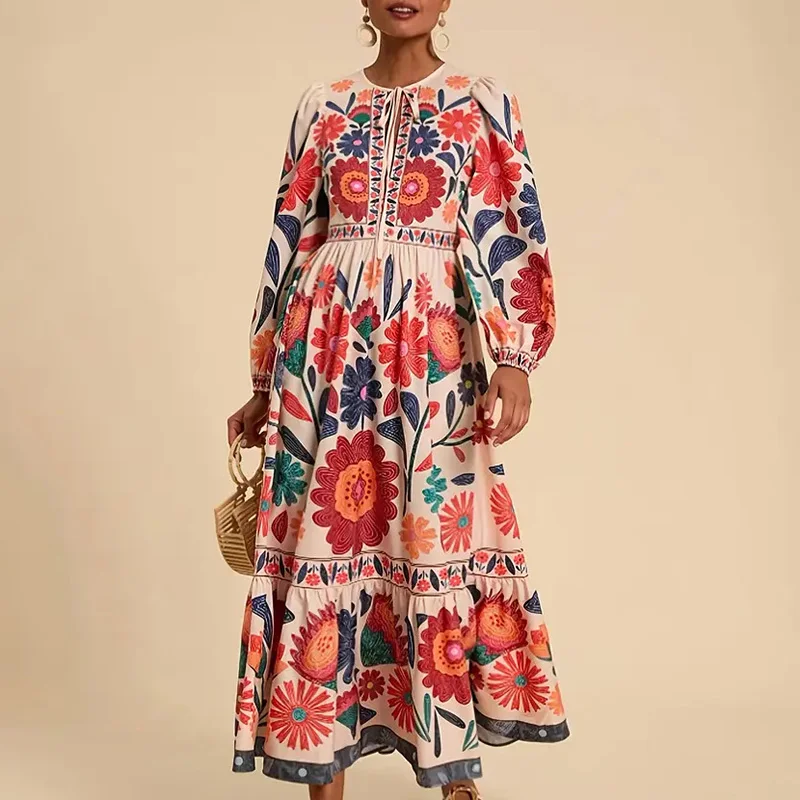 가을 O넥 레이스업 루즈핏 출퇴근룩 휴가 하이웨이스트 플리츠 로브 드레스 플라워 프린트 랜턴 슬리브 여성 원피스