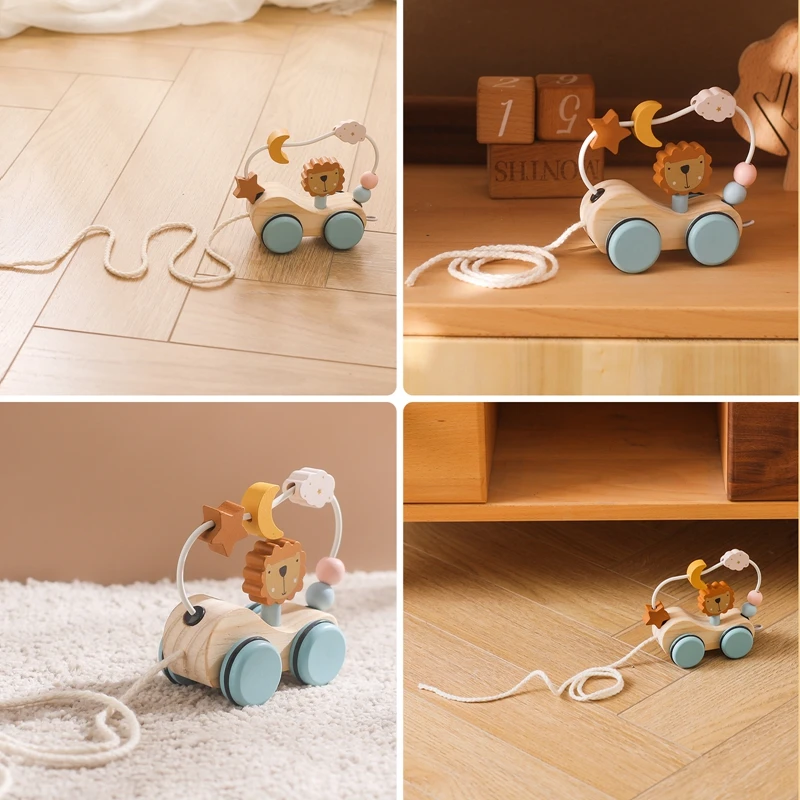 Wooden Baby Trailer Car Toys Beech Wooden Dinosaur Lion Tractor Car Star Moon Slider Beads Montessori Toys For Children Toys