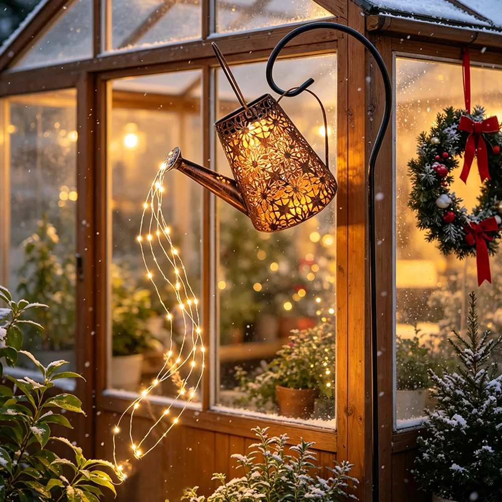 1pc Solar Water Hettle Showerhead Light, Christmas Hanging Solar Metal Waterfall String Light for Chriatmas Wedding Garden Decor