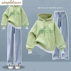 Set primaverile e autunnale maglione con cappuccio stampato a due pezzi con vestibilità ampia coreana da donna + Jeans a gamba larga Set a due pezzi Fashion