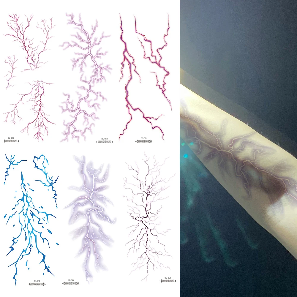 6pcs Halloween Purple Vascular Lightning Bolt Temporary Tattoo Stickers - Waterproof Realistic Fake Tattoos for Parties