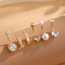 6pcs/lot Reversed Bar Fake Pearl Belly Button Rings Sets Stainless Steel Flower Curved Zircon Belly Piercing Navel Ring Jewelry