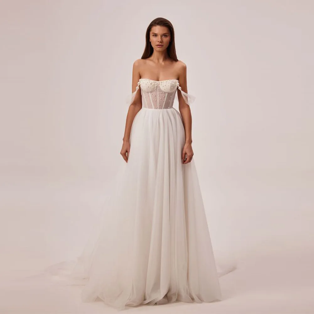 تخصيص جذاب جديد بسيط حمالة الرقبة ألف خط فساتين الزفاف بوهو مطرز اللؤلؤ كاب كم قطار المحكمة ثوب الزفاف