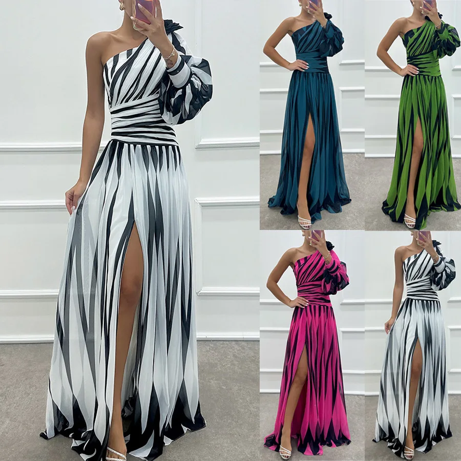 

Striped Long Dress Women Maxi Dresses 2024 Fashion Split Elegant Party Evening Vestidos