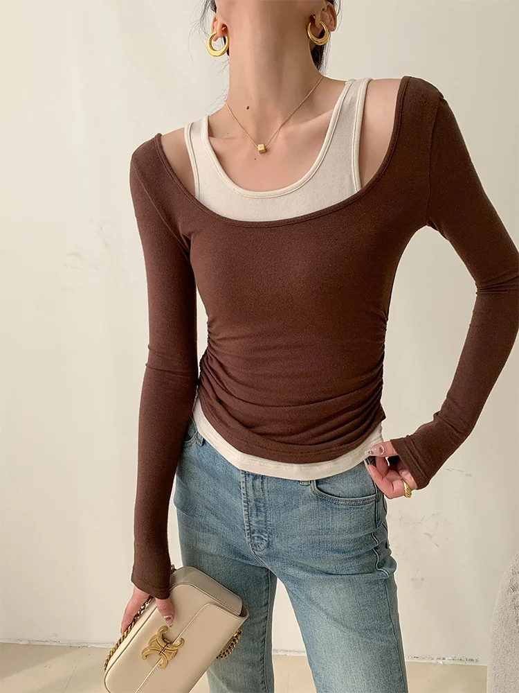 

JWUNIQUE Coffee Color Long Sleeve Two-Piece Set T-Shirt Women's Spring Autumn Sleeveless Vest Top Slim Fit round Neck